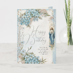 Cartão Católica Aniversário Maria Azul Escritura Floral