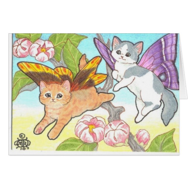 Cartão Catterflies que joga flores próximas do primavera (Frente Horizontal)
