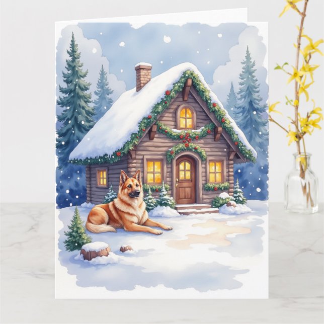 Cartão Caucasian Shepherd Dog Mountain Cabin Christmas (Flor Amarela)