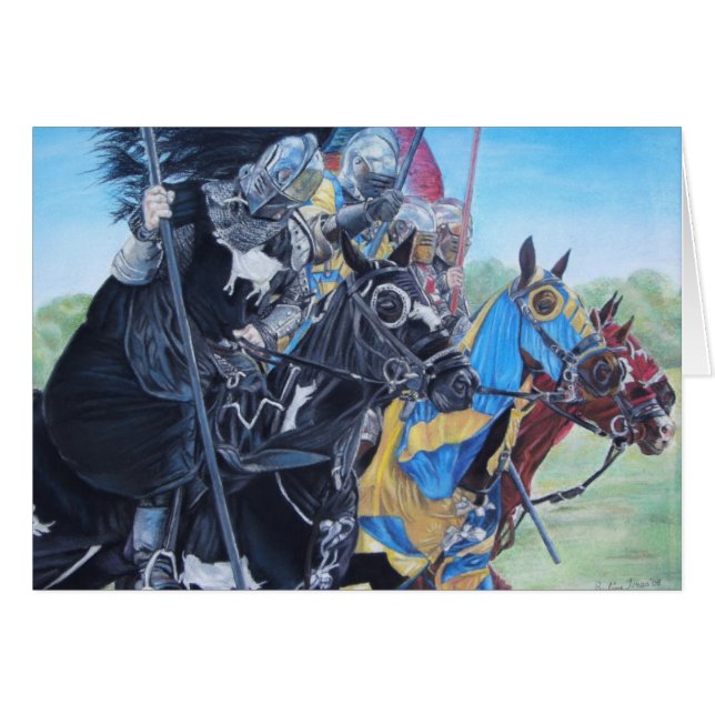 Cartão cavaleiros medievais joujando em cavalos arte hist (Frente horizontal)
