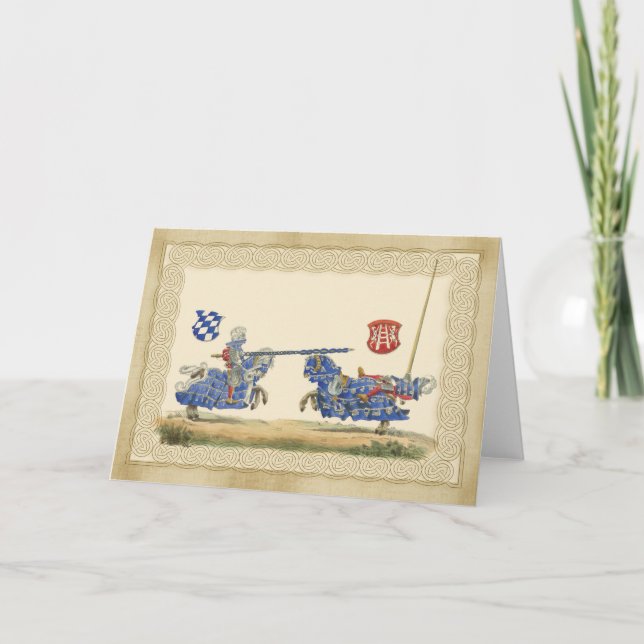 Cartão Cavaleiros Medievais Jousting em barracão e armo d (Frente)