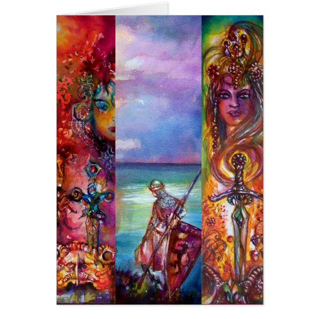 Cartão Cavaleiros medievais PENDRAGON,Lago Sunset,Fantasi (Frente)