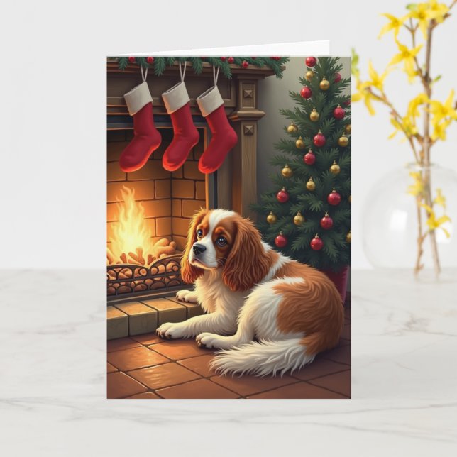 Cartão Cavalier King Charles by the Fireplace Christmas (Flor Amarela)
