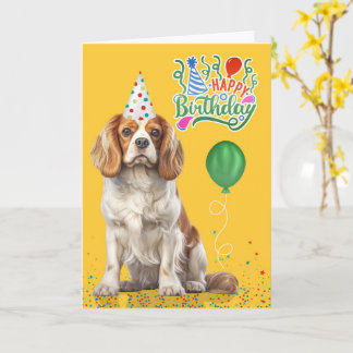 Cartão Cavalier King Charles Party Hat Yellow Birthday