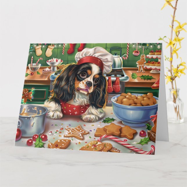 Cartão Cavalier King Charles Spaniel Assando Natal (Flor Amarela)