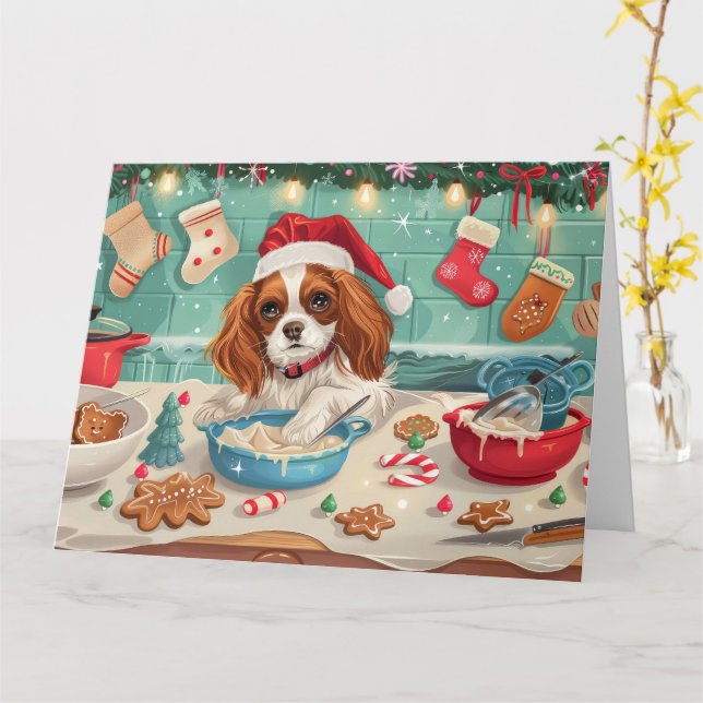 Cartão Cavalier King Charles Spaniel Assando no Natal (Flor Amarela)