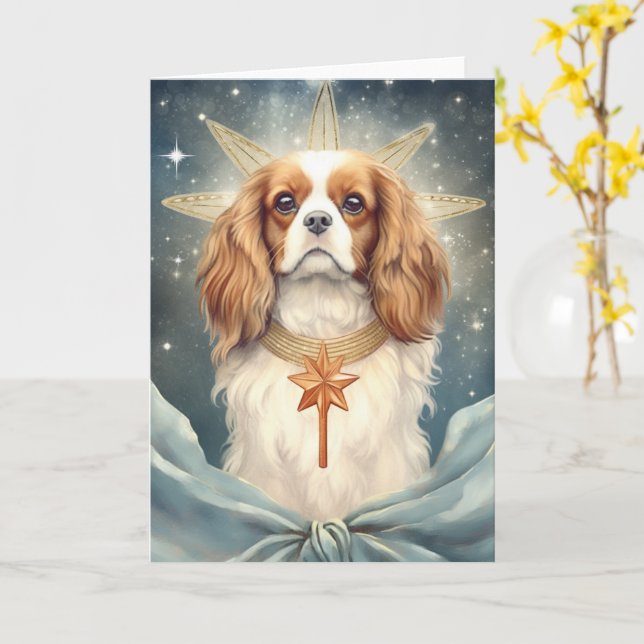 Cartão Cavalier King Charles Spaniel como um Anjo de Nata (Flor Amarela)