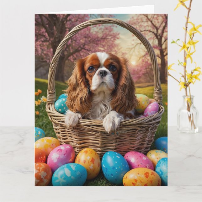 Cartão Cavalier King Charles Spaniel Easter Eggs (Flor Amarela)