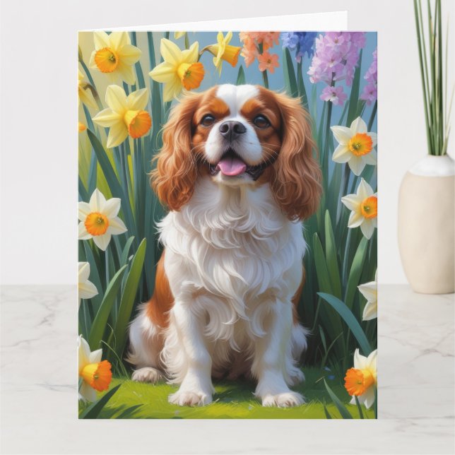 Cartão Cavalier King Charles Spaniel Flores da Primavera (Frente)