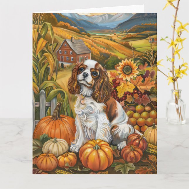 Cartão Cavalier King Charles Spaniel Outono Dia de Ação d (Flor Amarela)