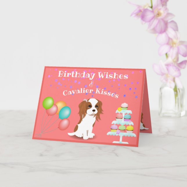 Cartão Cavalier King Charles Spaniel Pink Happy Birthday (Orquídea)