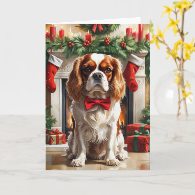 Cartão Cavalier King Charles Spaniel Saudação de Natal (Flor Amarela)