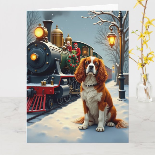 Cartão Cavalier King Charles Spaniel Trem de Natal (Flor Amarela)