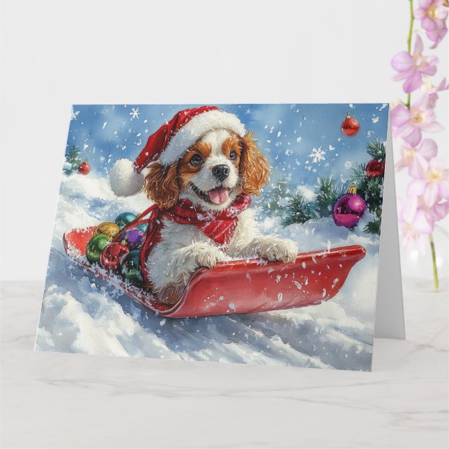 Cartão Cavalier King Charles Spaniel Trenó de Natal (Orquídea)