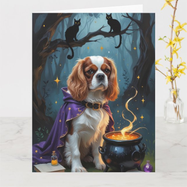 Cartão Cavalier King Charles Spaniel Whimsical Halloween (Flor Amarela)