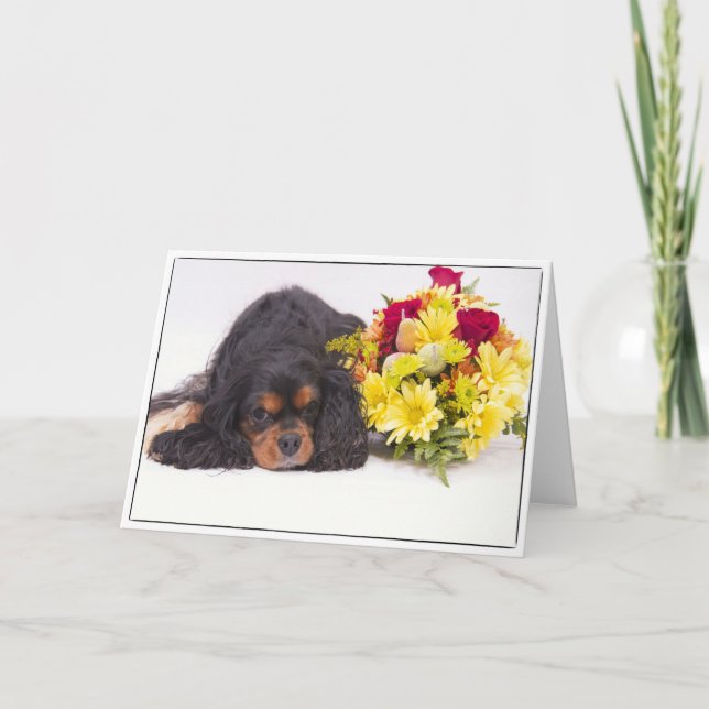 Cartão Cavalier King Charles Spaniel With Autumn Flowers (Frente)