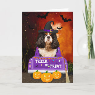 Cartão Cavalier King Dog em Halloween Truck