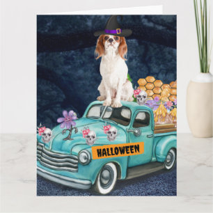 Cartão Cavalier King Dog Halloween Truck Noite Assustador