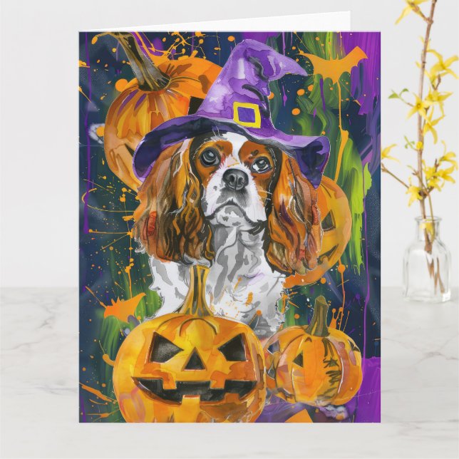 Cartão Cavalier King Dog Halloween Witée E Pumpkin (Flor Amarela)