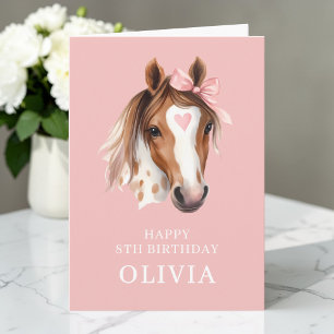 Cartão Cavalo Aquarela com Laço Rosa Fofo Feliz 8º Aniver