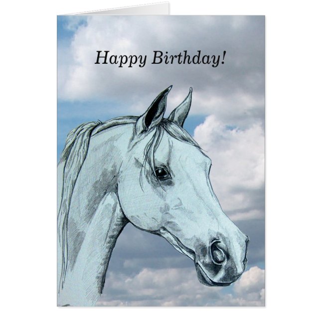 Cartão Cavalo Árabe cinza contra nuvens (Frente)