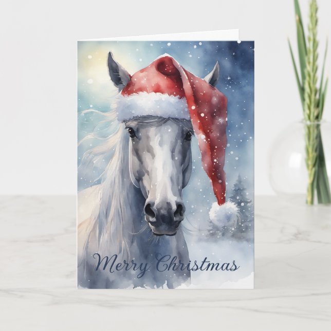 Cartão Cavalo Branco de Natal com Aquarela Santa Hat (Frente)