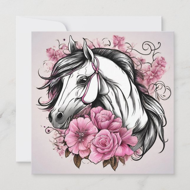 Cartão Cavalo Branco Lindo com Flores Rosas (Frente)