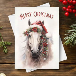 Cartão Cavalo Branco Santa Hat Red Poinsettias Natal