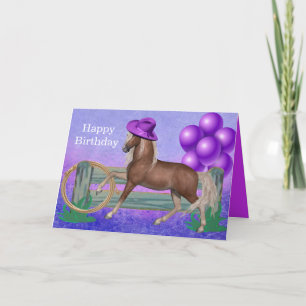 Cartão Cavalo Feliz de Aniversário com Chapéu Roxo e Balõ