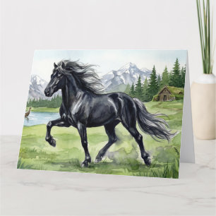 Cartão Cavalo Islandês Preto Freydis em Paisagem Nórdica