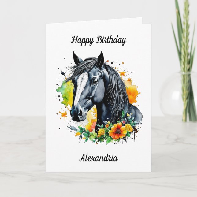 Cartão Cavalo Negro Cercado por Flores Amarelas Aniversár (Frente)