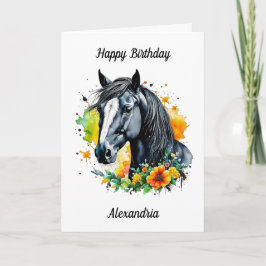 Cartão Cavalo Negro Cercado por Flores Amarelas Aniversár