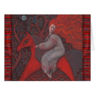 Cartão "Cavalo Vermelho", mulher ruiva, arte surreal de f