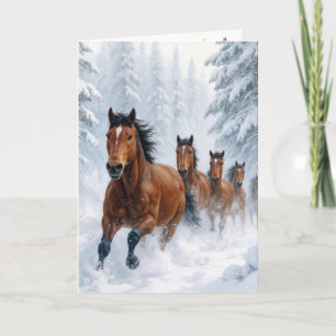 Cartão Cavalos de Natal Correndo por uma Floresta Nevada