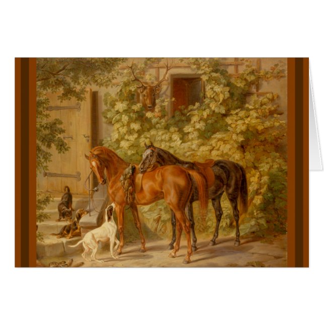 Cartão Cavalos e Cães no Jardim Estável (Frente Horizontal)