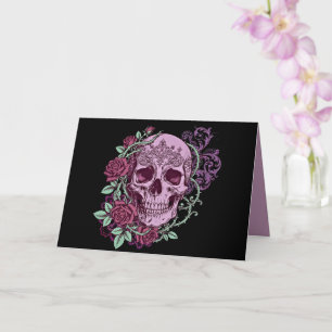 Cartão Caveira de Lavanda com Design Gótico de Rosas
