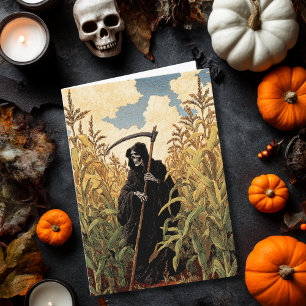 Cartão Ceifador Andando no Campo de Milho Spooky Hallowee