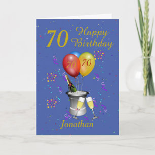 Cartão Celebração de Aniversário de 70 azul Dourado