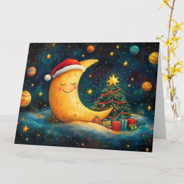 Cartão Celebração Divertida da Lua Galáctica no Natal (Flor Amarela)