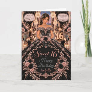 Cartão Celebração Sweet 16 em Preto e Dourado Rosa