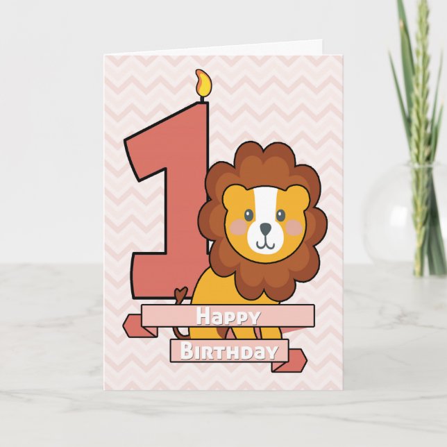 Cartão Celebrate a First Birthday with Cute Lion (Frente)