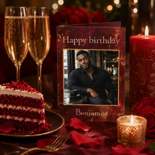 Cartão Celebre o Aniversário Dele Burgundy e Dourado