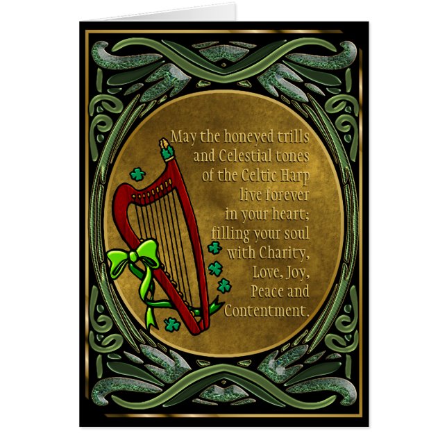 Cartão Celtic Harp, Vinhas Verdes Enrelaçadas, Bênçãos Ir (Frente)