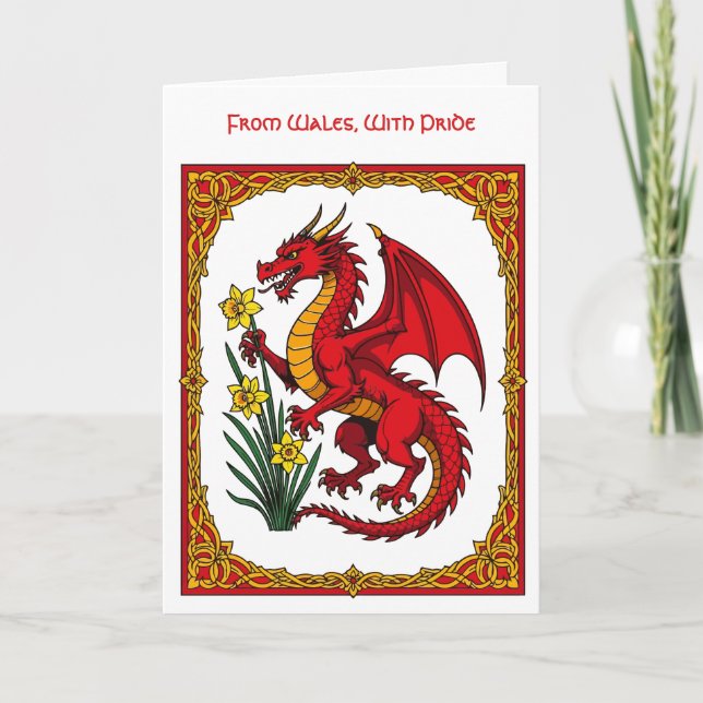Cartão Celtic Red Dragon Holding a Daffodil (Frente)