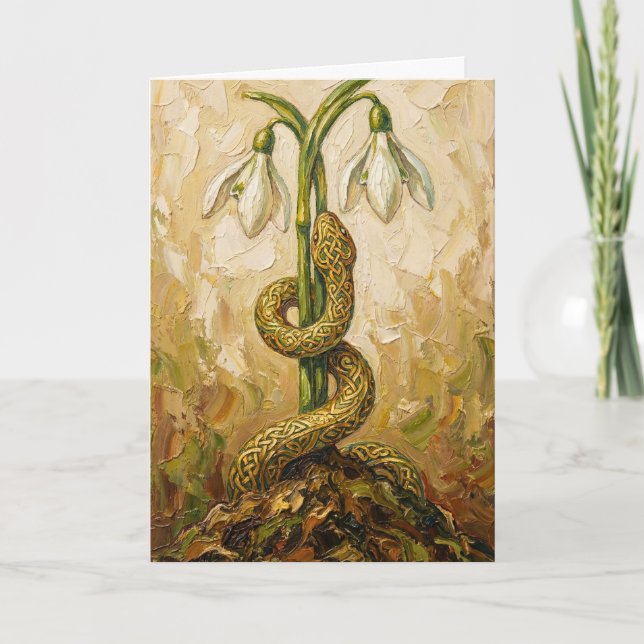 Cartão Celtic Snake Snowdrops Imbolc Rebirth Fantasy Art (Frente)
