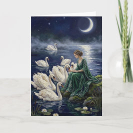 Cartão Celtic Swans Moonlit Lake Night Fantasy Art