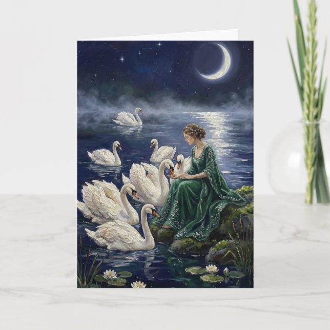 Cartão Celtic Swans Moonlit Lake Night Fantasy Art (Frente)