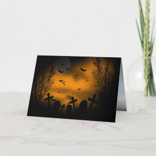 Cartão Cemitério de Halloween com Morcegos e Pedras Tomba