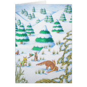 Cartão cena bonito da neve do inverno da raposa e dos
