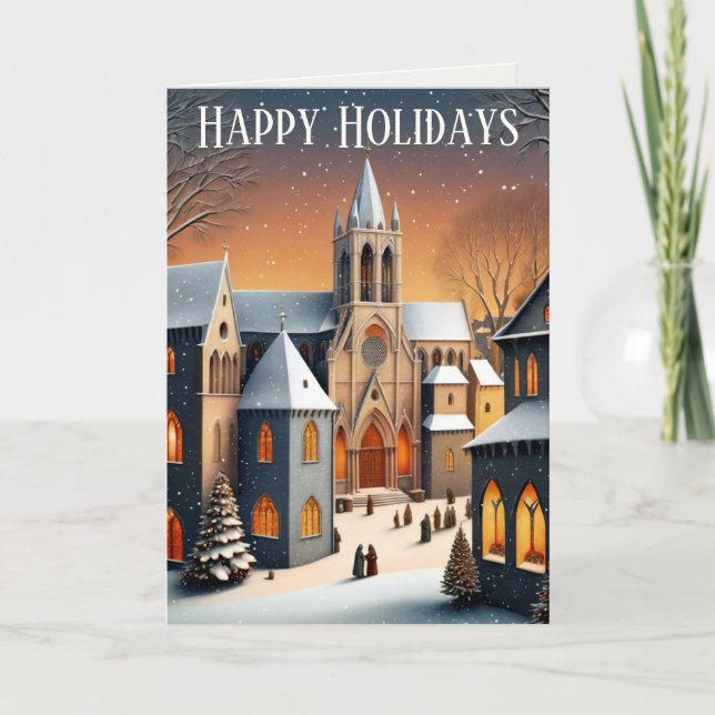 Cartão Cena da Aldeia de Natal Medieval (Frente)